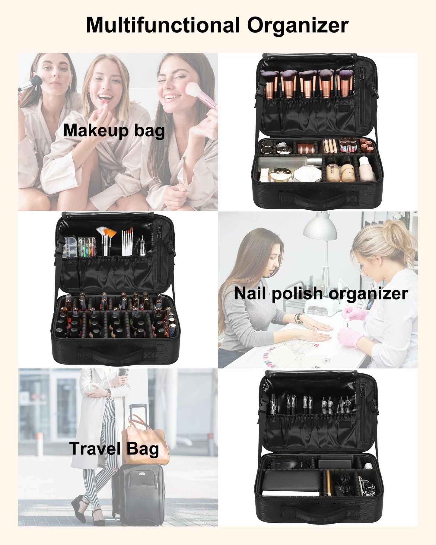 Relavel Makeup Bag Train Case for Women Travel Cosmetic Organizer with Adjustable Dividers and Brush Compartment, Large Storage Box for Cosmetics, Toiletries, Nail Polish, Jewelry, Electronic (Black)