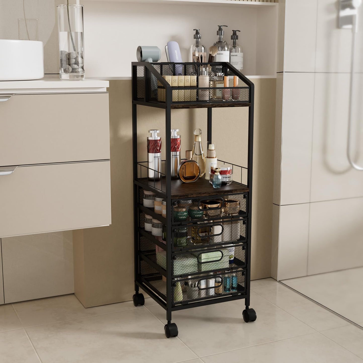 HapiRm Makeup Organizer Storage Cart - Floor Skincare Make Up Storage with 4 Drawers, Rolling Makeup Cart Vanity Organizer Cosmetics Display Cases Holder for Skin Care Perfume Nail Polish