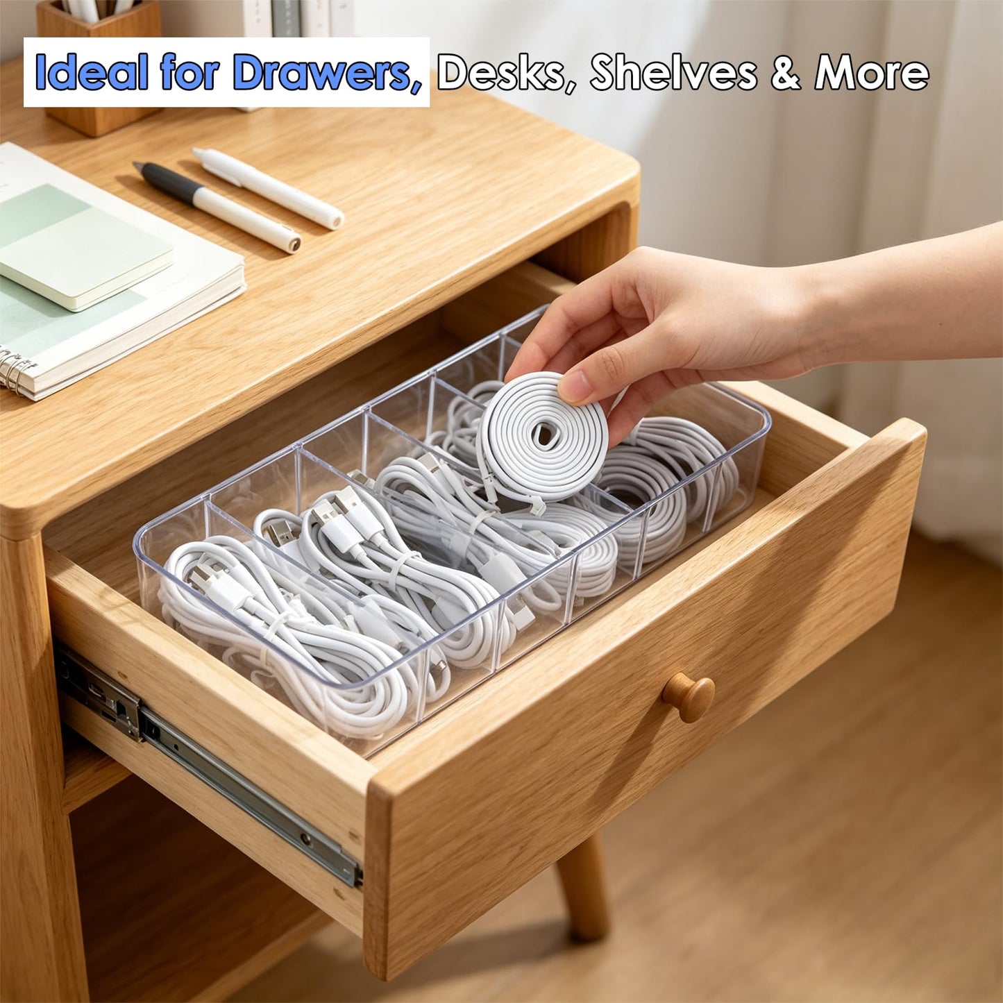 Dyrfolm 3 Pcs Cable Organizer Box with Lid,Clear Plastic Cord Storage Box with 8 Compartments and 21 Wire Ties, Electronics Organizer for Home Office Drawer Desk Accessories