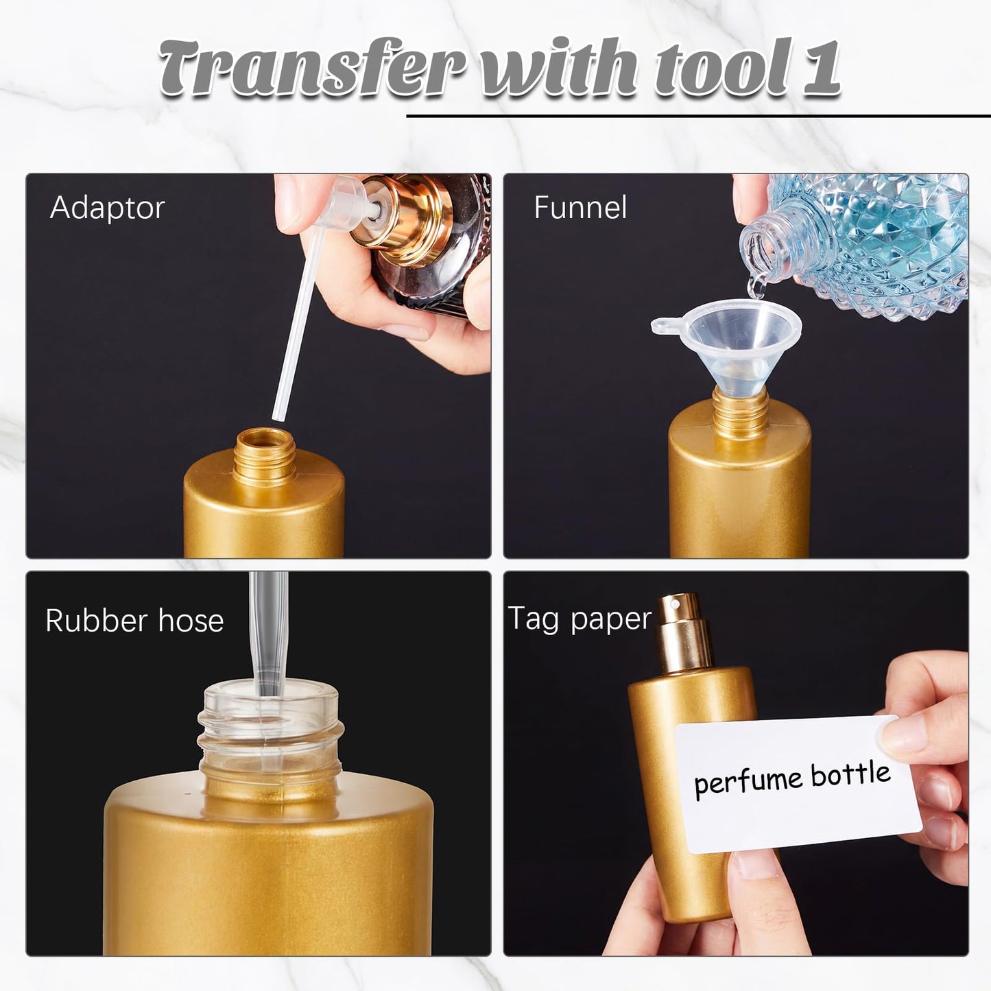 Teenyyou 12 Pack 50 ml Glass Perfume Bottles and Refill Tools Set, Travel Perfume Atomizer Spray Bottles, Portable Empty Refillable Atomizer Decanters with Dispenser Transfer Kit (Gold)