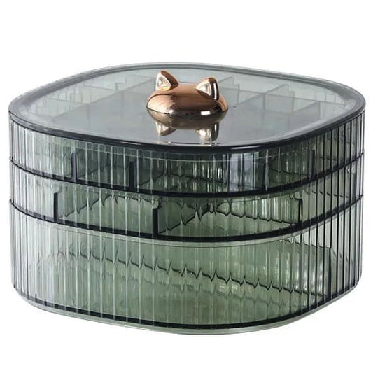 HALAFE Jewelry Box, 3-Layer Acrylic Jewelry Organizer with Cat Shape Handle, Clear Jewelry Boxes for Women Girls, Make up Organizer, Jewelry Storage Holder (Green, Cat)