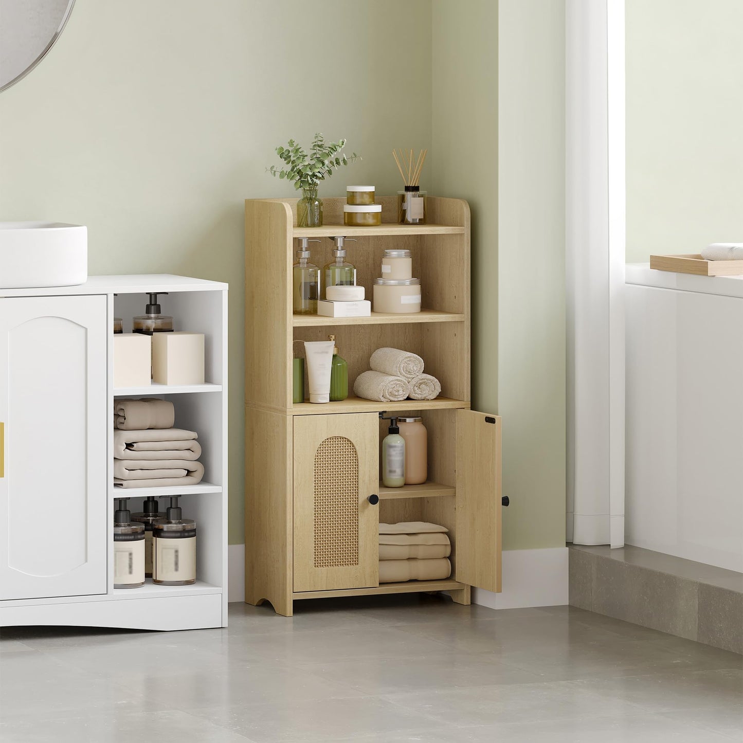 HEXCELEN Small Bathroom Storage Cabinet, Bathroom Organizers and Storage with 2 Doors and Shelves, Floor Cabinet Freestanding with Adjustable Shelf for Small Spaces, Yellow 7.9" D x 14.6" W x 29.6" H