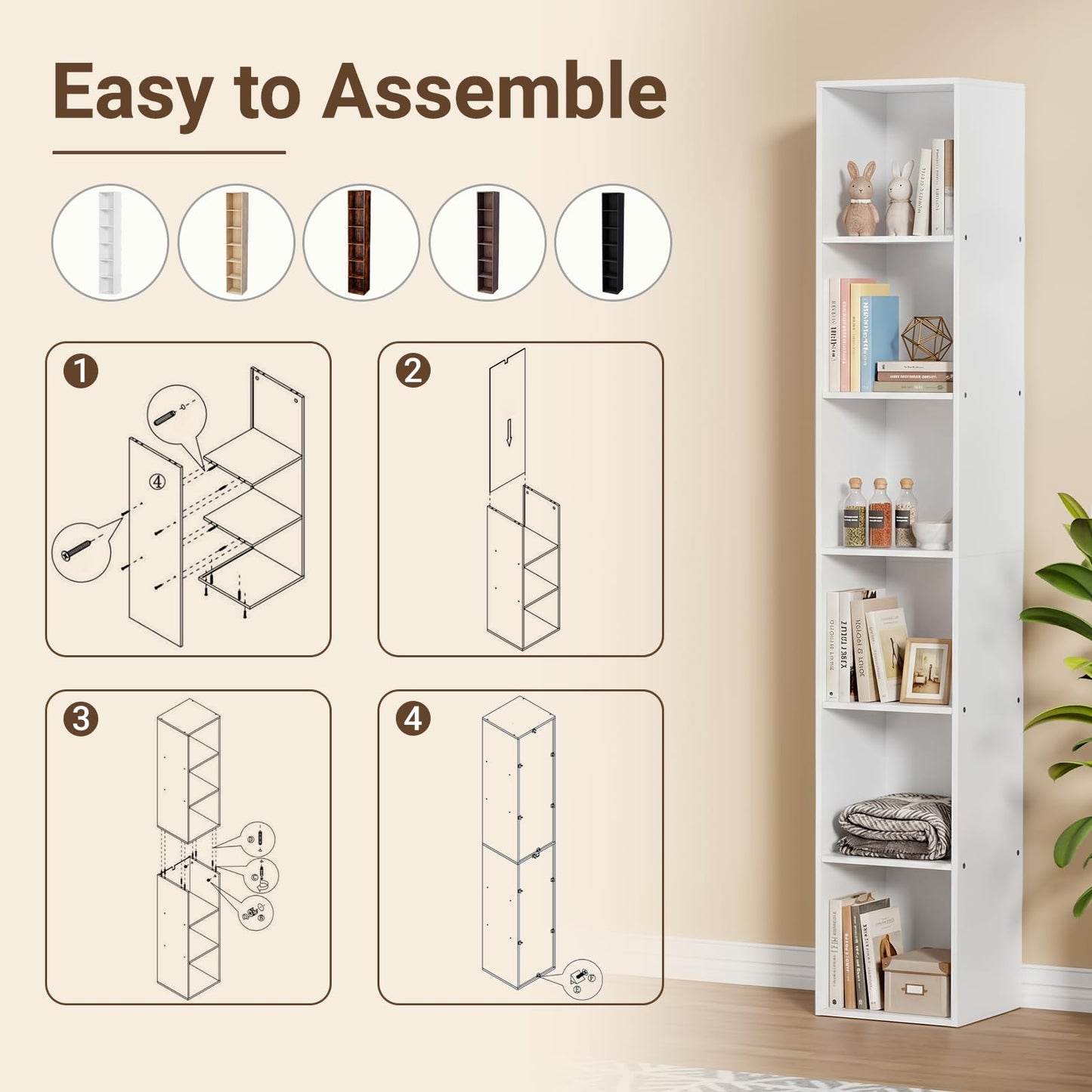 VAFHYLLIS 6 Cube Storage Organizer, 6 Tier Vertical Cube Bookcase Freestanding Storage Display Organizer for Home Office, Six Cubes Open Shelf Bookshelf (White, 6 Cube)