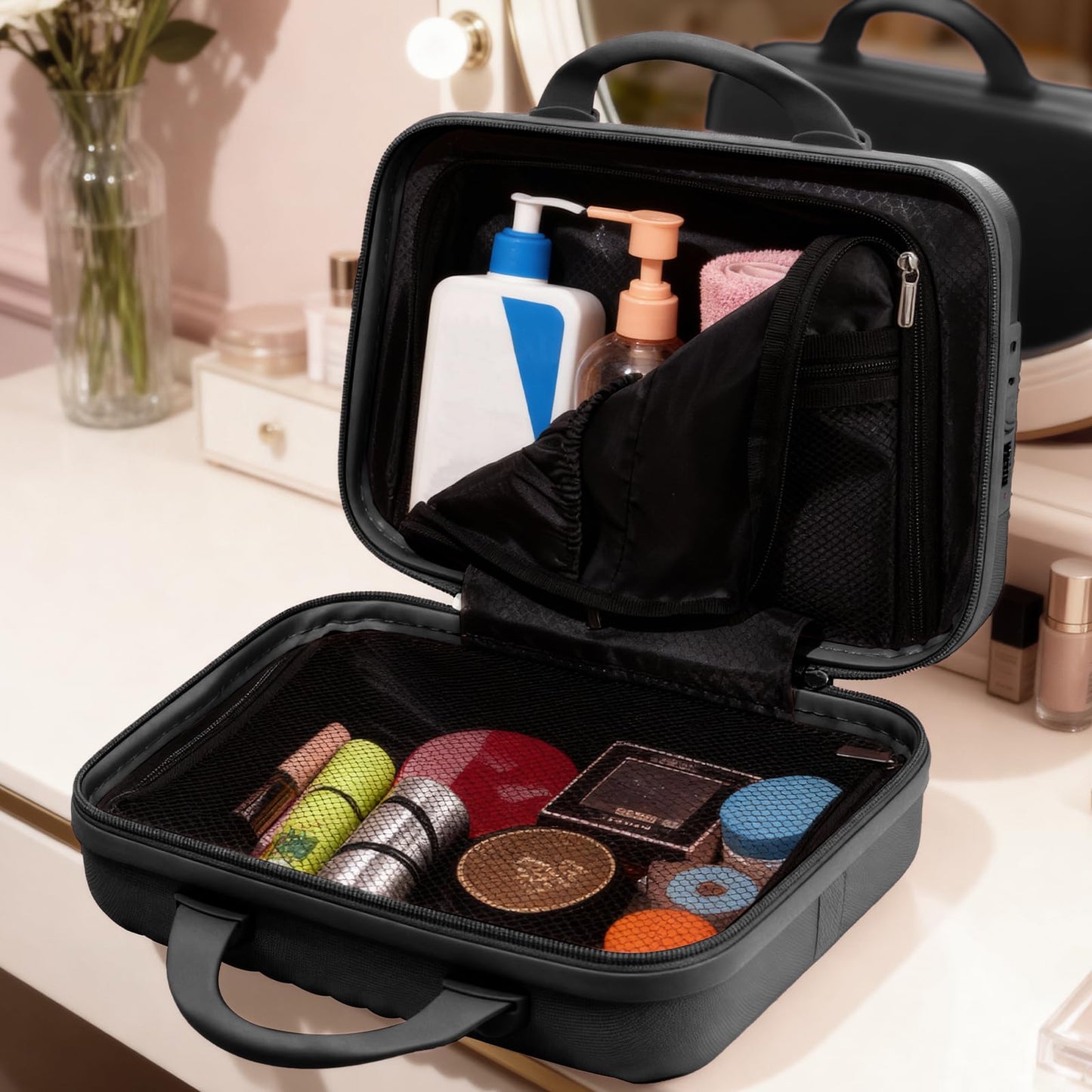 JZRTravel 14 Inch Makeup Train Case with Lock Hard Shell Cosmetic Travel Case w Elastic Strap, ABS Portable Toiletry Bag for Toiletries Make up Storage Case for Women Adult