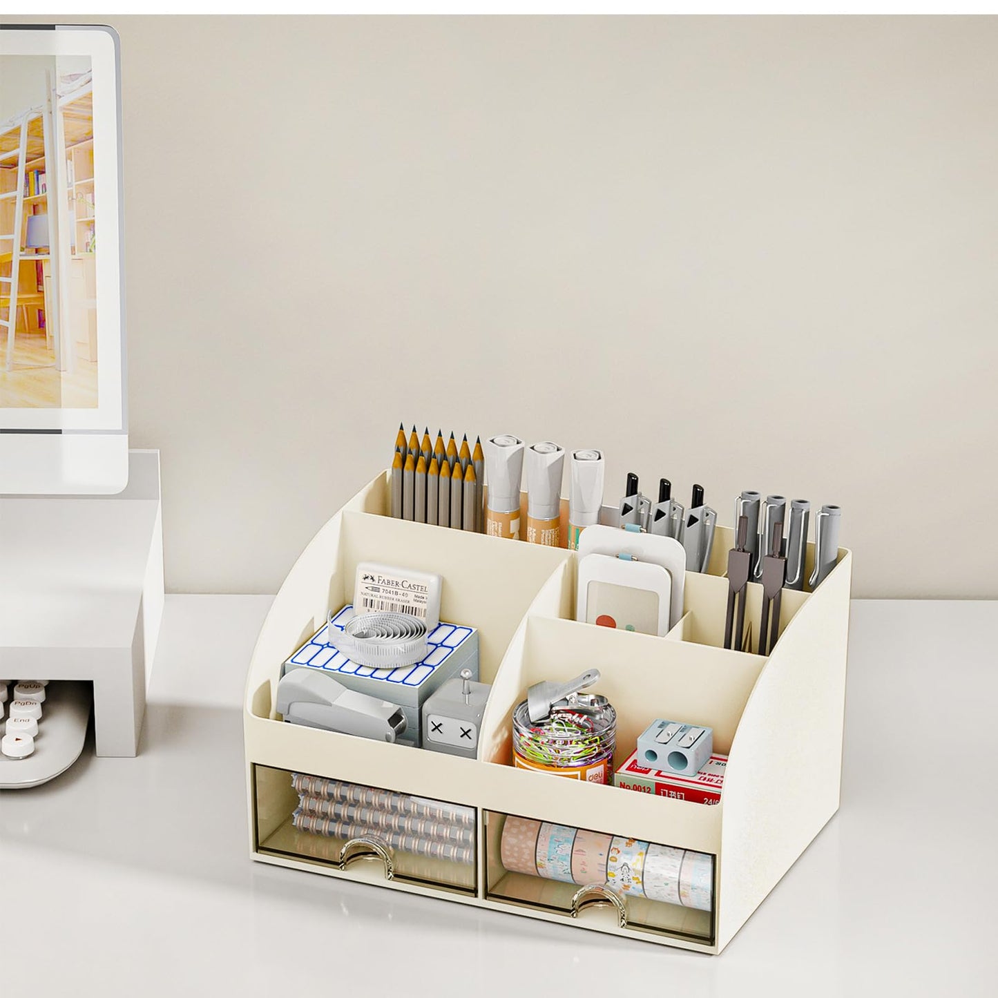 COMFYROOM Desk Organizer with 6 Compartments and 2 Drawers, Plastic Makeup Organizer, Pen Holder for Desktop Storage, Desk Organization for School, Home, Office Supplies (Ivory)