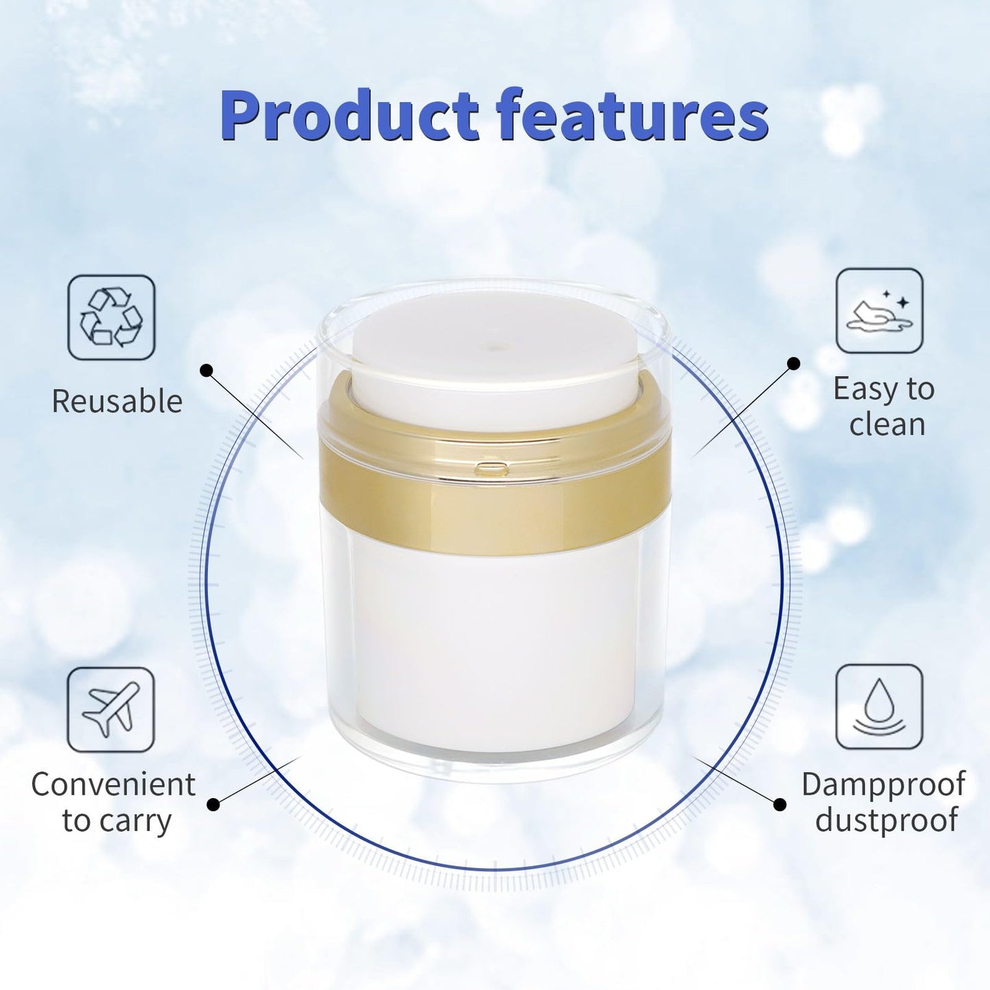 Generic Airless Pump Jars set, 0.5oz /1oz /1.7oz Empty Refillable Cosmetic Pump Jars Bottles Lotion Cream Dispenser Portable Travel Size Makeup Containers (Gold), JAR_3pack