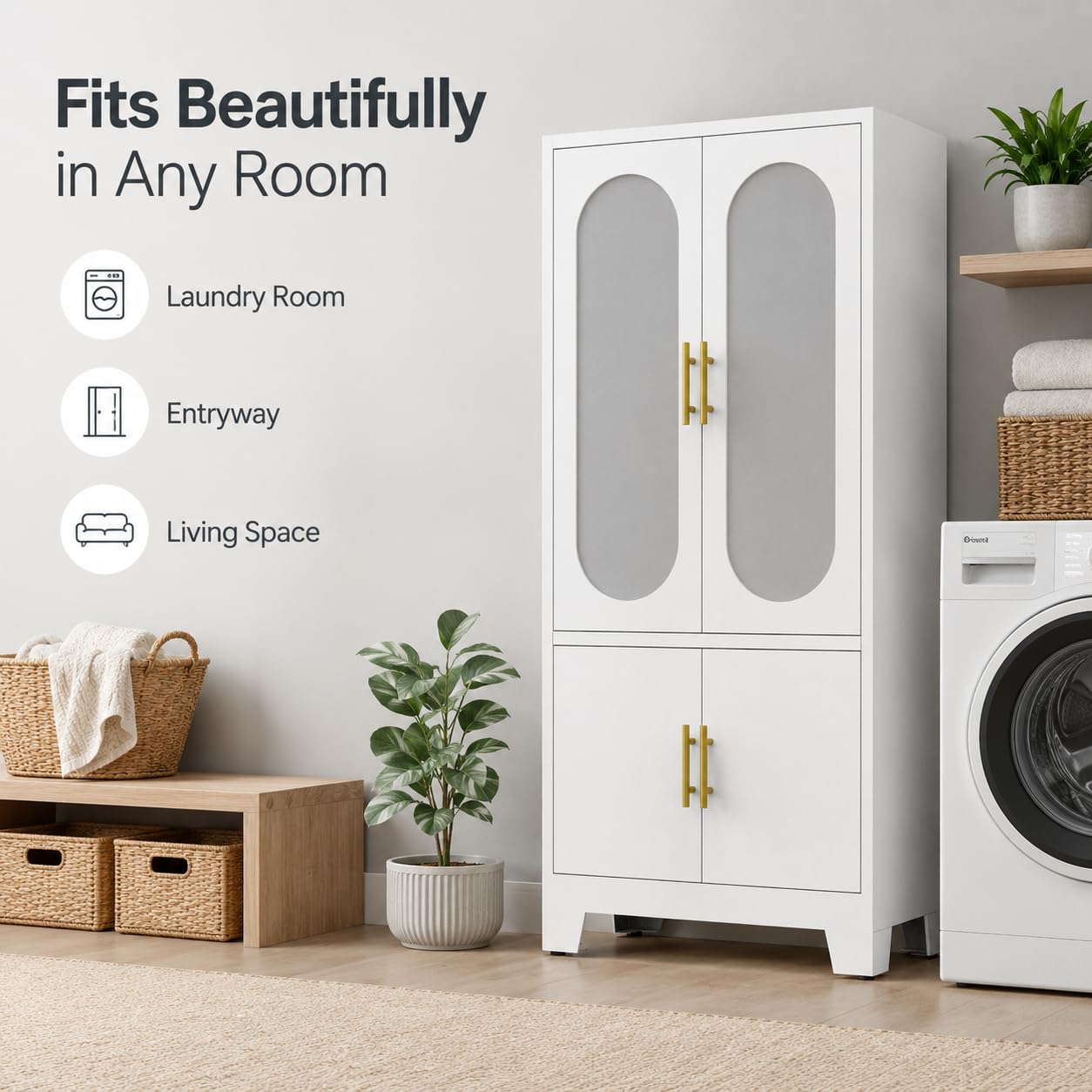 Garvee 74" H Tall Storage Cabinet, Freestanding Pantry Cabinet, Frosted Glass and Fluted Doors, 4 Door Cabinet with Adjustable Shelf, for Kitchen, Bathroom, Dining Room, Living Room, Office, White