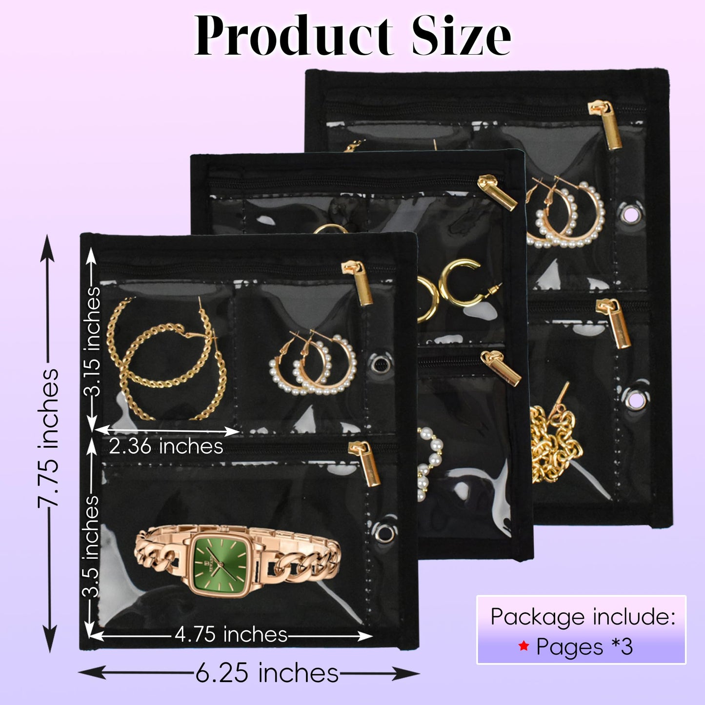 LingLingo Travel Jewelry Organizer Case,Jewelry Bags Jewelry Storage Book Binder with Clear Zipper Velvet Pouch for Traveling,Earrings, Rings, Necklace, Bracelet (Inner Pages, 3 PCS)