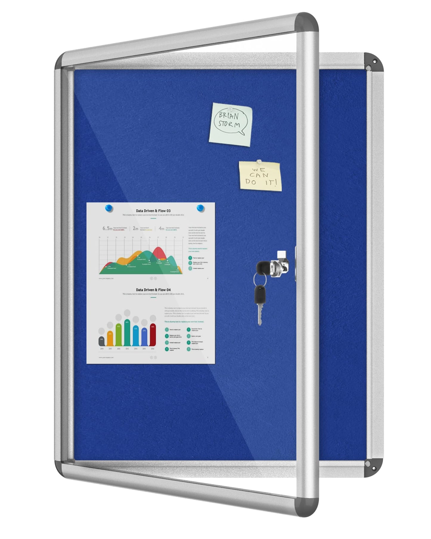 Mifuro 26"x20" Enclosed Bulletin Board, Lockable Weather-Resistant Aluminum Cork Noticeboard for School & Office, Silver Frame w/Blue Flet