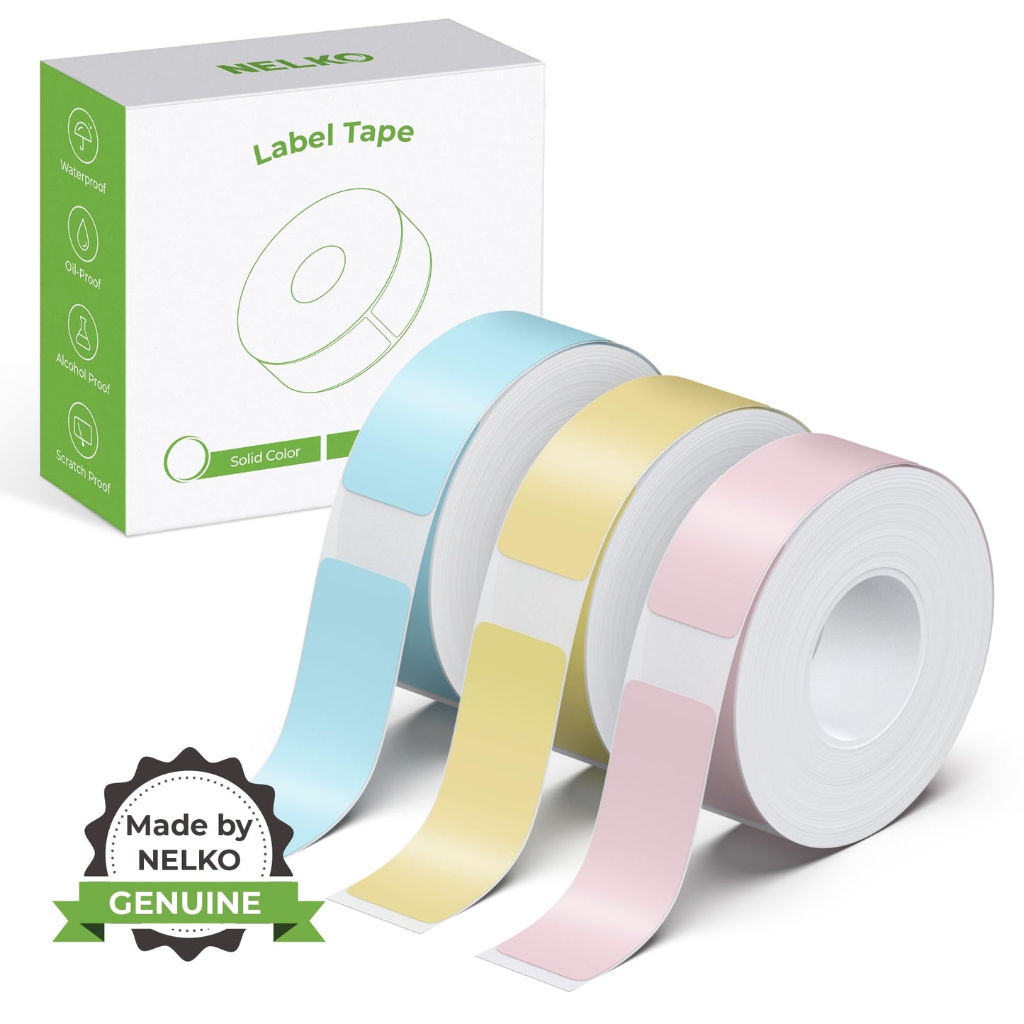 NELKO Genuine P21 Label Maker Tape, Adapted Label Print Paper, 14x40mm (0.55"x1.57"), Standard Laminated Office Labeling Tape Replacement, Multipurpose of P21, 180 Tapes/Roll, 3-Roll, Blue/Yellow/Pink