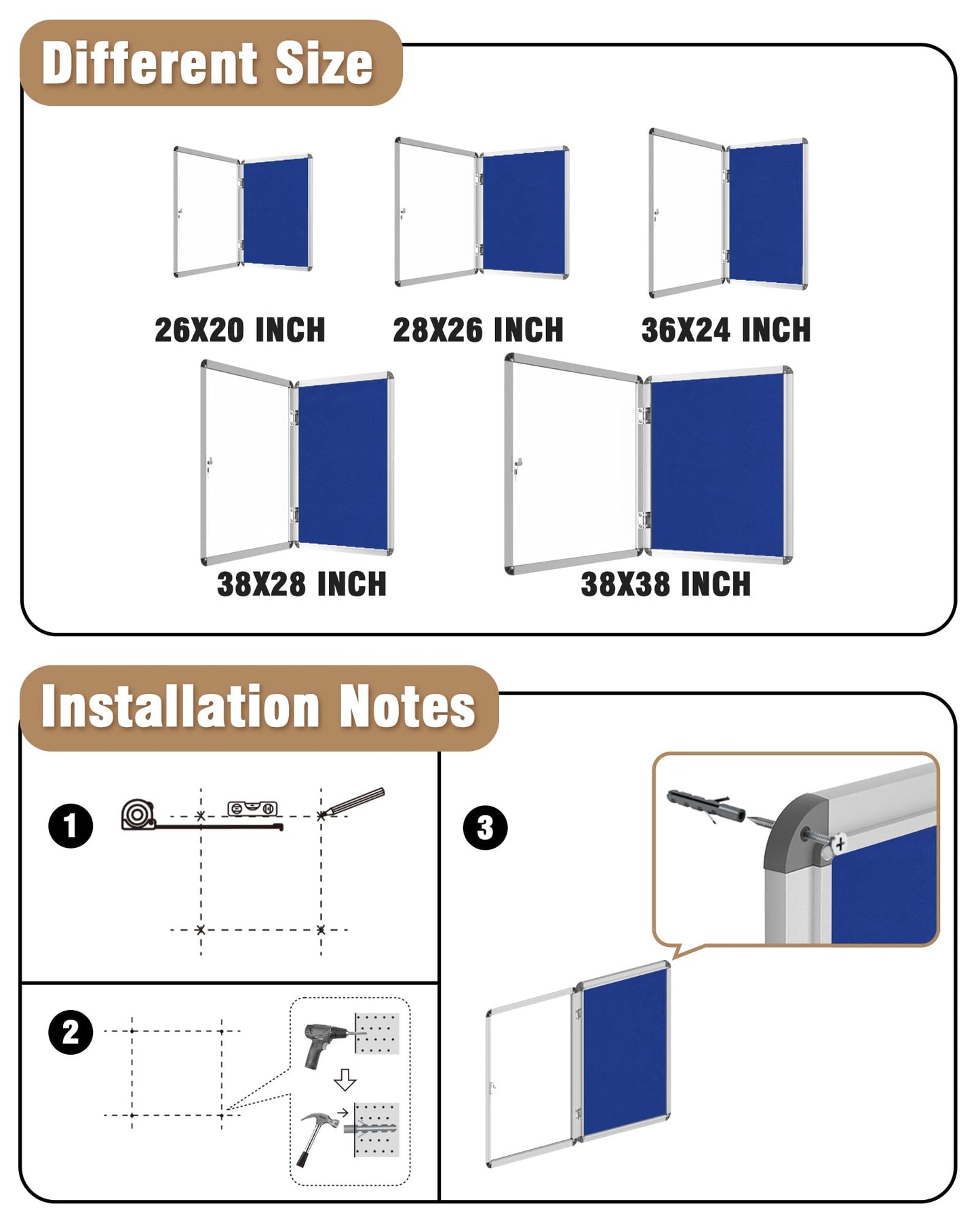 Mifuro 26"x20" Enclosed Bulletin Board, Lockable Weather-Resistant Aluminum Cork Noticeboard for School & Office, Silver Frame w/Blue Flet