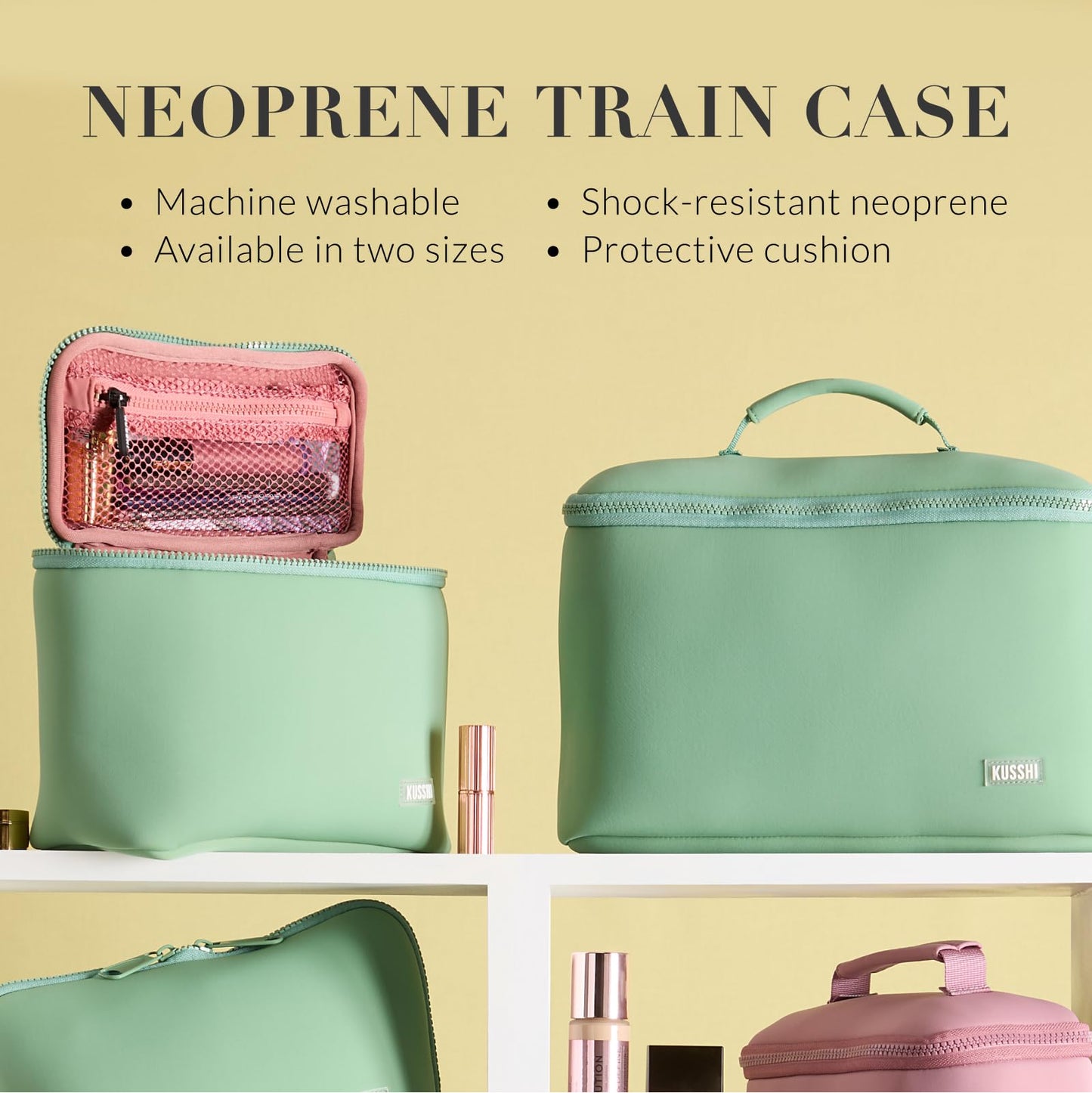 KUSSHI Neoprene Train Case Makeup Bag - Washable Makeup Travel Bag & Vanity Case for Stress Free Travel (Small, Sage/Coral Rose)