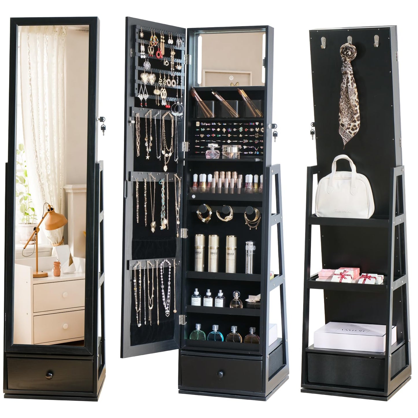 MASMIRE Full Length Jewelry Cabinet Standing With Built-In Mirror Jewelry Armoire With Mirror Drawers, Lockable Storage Mirror With Storage Racks Black