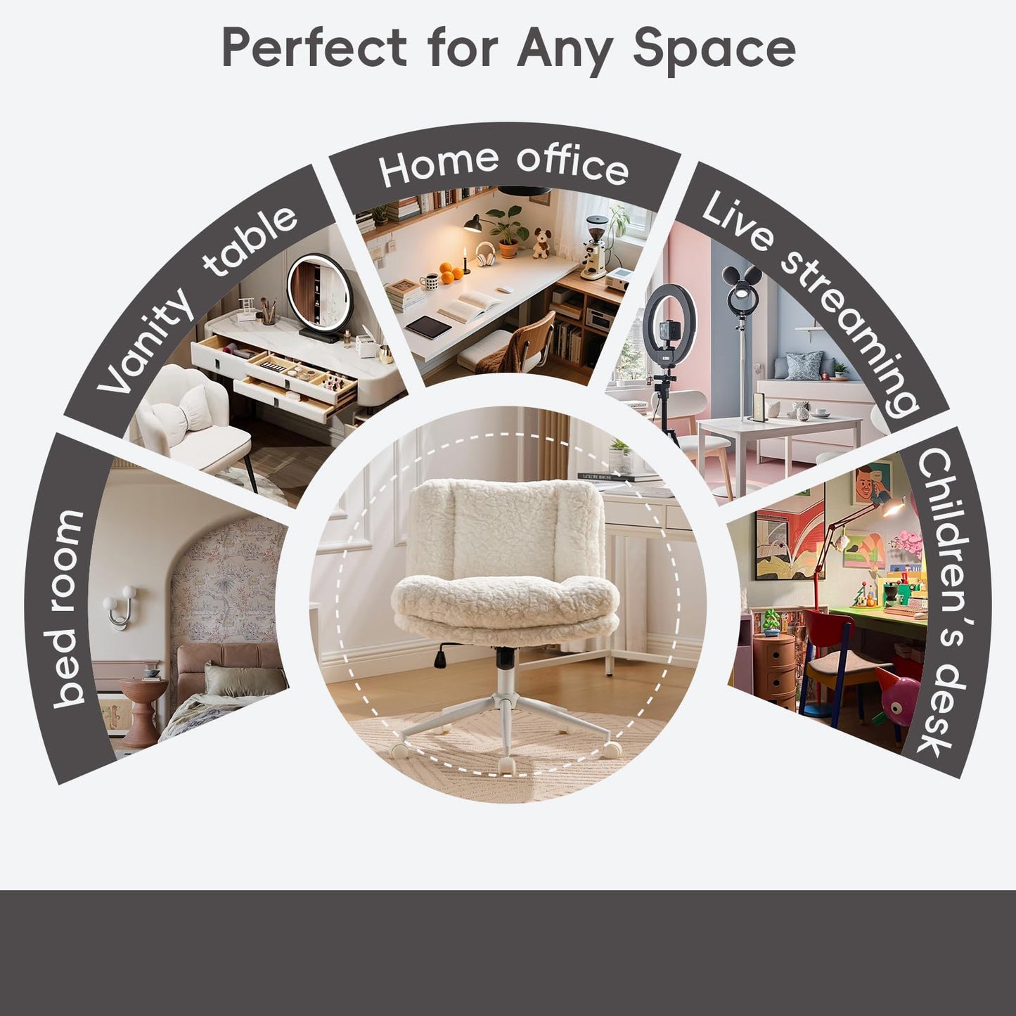 KIUMU Upgraded Plush Faux Fur Criss Cross Office Vanity & Desk Chair with White Metal Base – Extra-Wide Seat & Tilt Backrest, Adjustable Swivel Makeup Chair for Bedroom, Study & Home Office, Cream