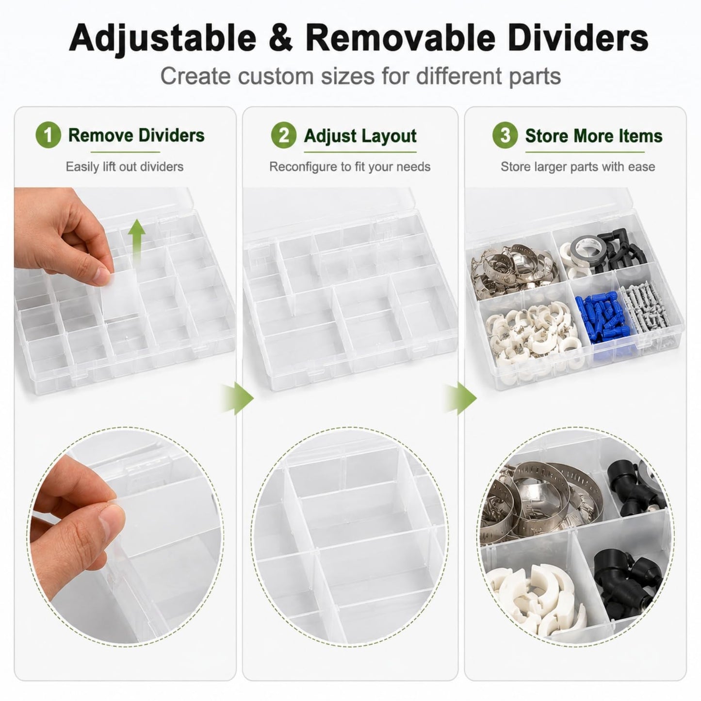 APACALI 4 Pack Large Clear Organizer Box with Dividers, 24 Adjustable Compartments Tackle Box & Bead Organizer for Crafts Small Parts