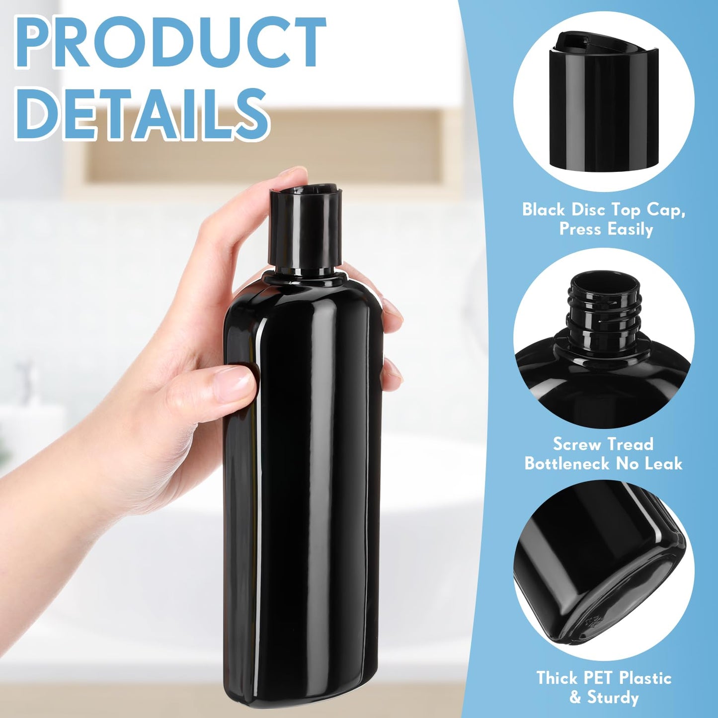 Domensi 12 Pcs Plastic Bottle Squeeze Containers with Disc Cap Travel Bottles Reusable Empty Toiletries Shampoo Containers Refillable Travel bottles for Shampoo Lotions (10oz,Pure Black)