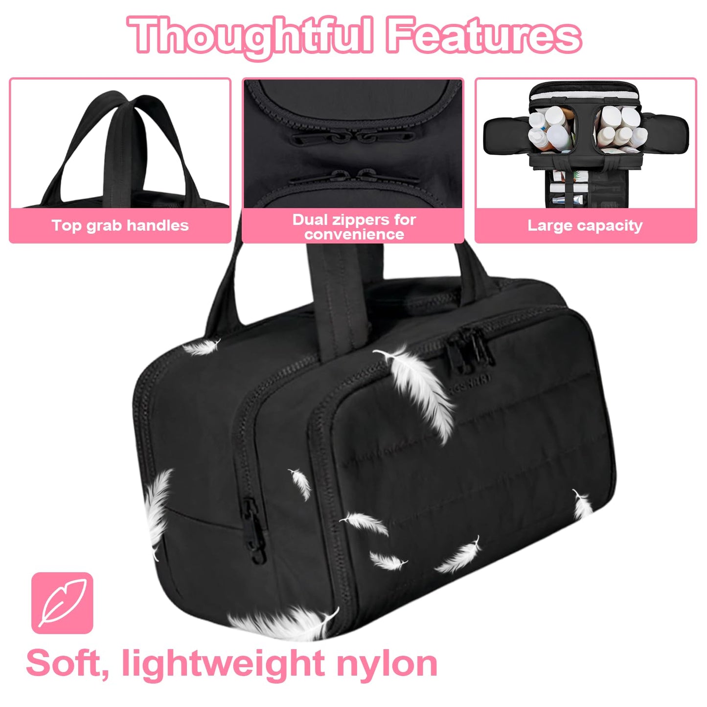 Travel Toiletry Bag, Large Wide-open Travel Bag for Women with 1 Toiletries Travel Bottles, 3 Portable Toothbrush Cases, Makeup Bag Organizer with Handle for Accessories,Essentials, Toiletries, Black