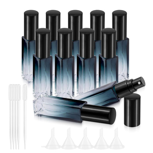 Kesell 11 Pack 10ml Spray Bottles Glass Refillable Perfume Atomizer for Travel Square Empty Bottles Containers Portable Fine Mist Perfume Vials Set with 5pcs Funnel and 5pcs Dropper (Black Cap)