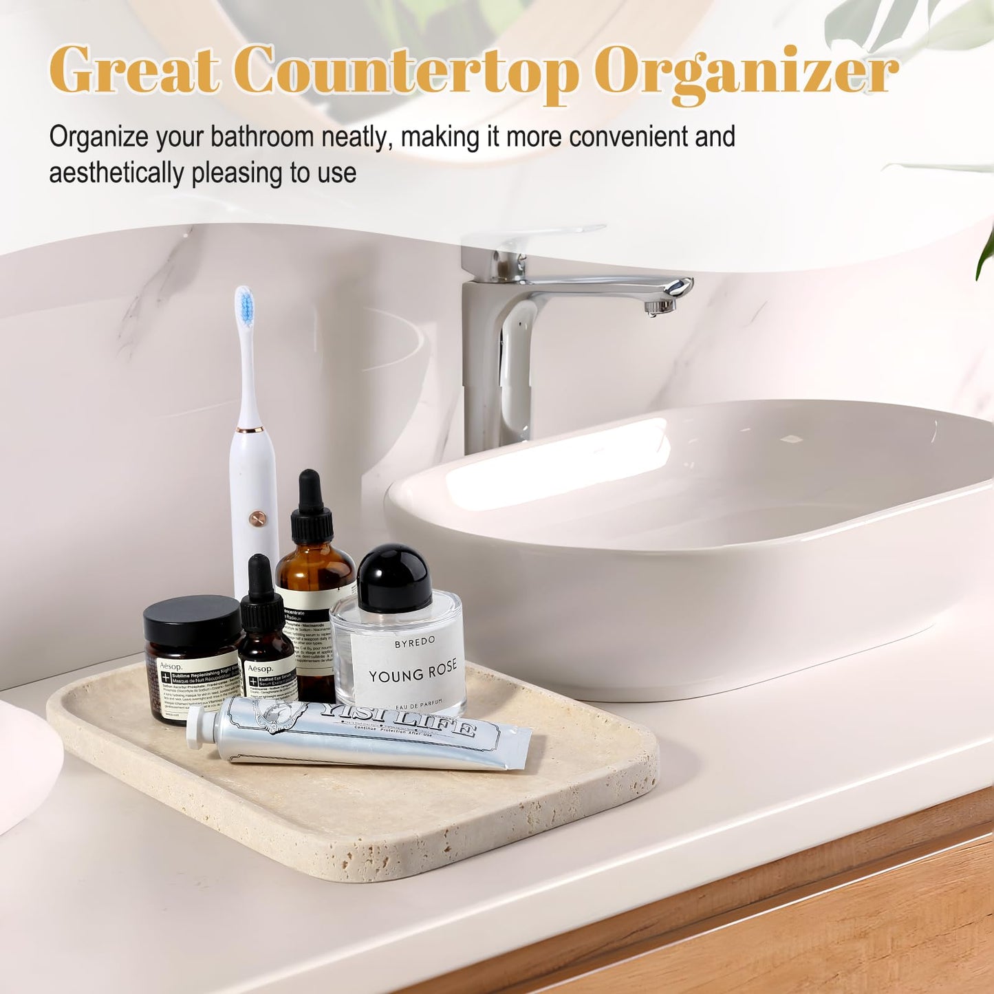 Koville Romano Travertine Tray, 12"x8" Natural Stone Vanity Tray for Countertop Bathroom Kitchen Dresser, Decorative Marble Catchall Trays for Perfume Jewelry, Rectangular Serving Tray(Beige)