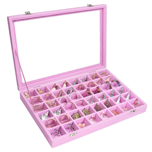 Siveit Velvet Jewelry Tray 48 Grid Jewelry Display Tray Organizer Box with Transparent Lid Rings Earrings Necklaces Pendants Display Box Suitable for Women and Girls (Pink)