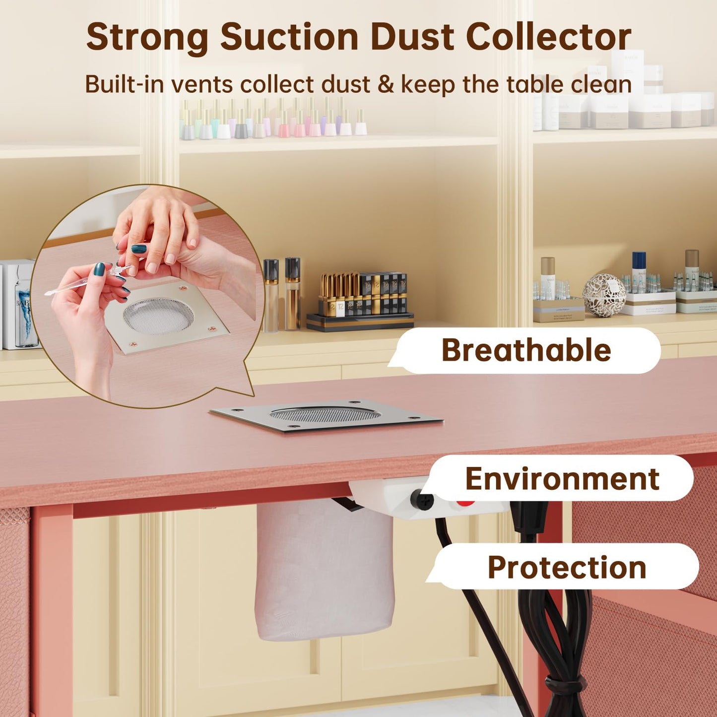 DrawXynth Nail Desk, Manicure Table, Nail Beauty Salon Workstation w/Electric Dust Collector, 8 Fabric Drawers