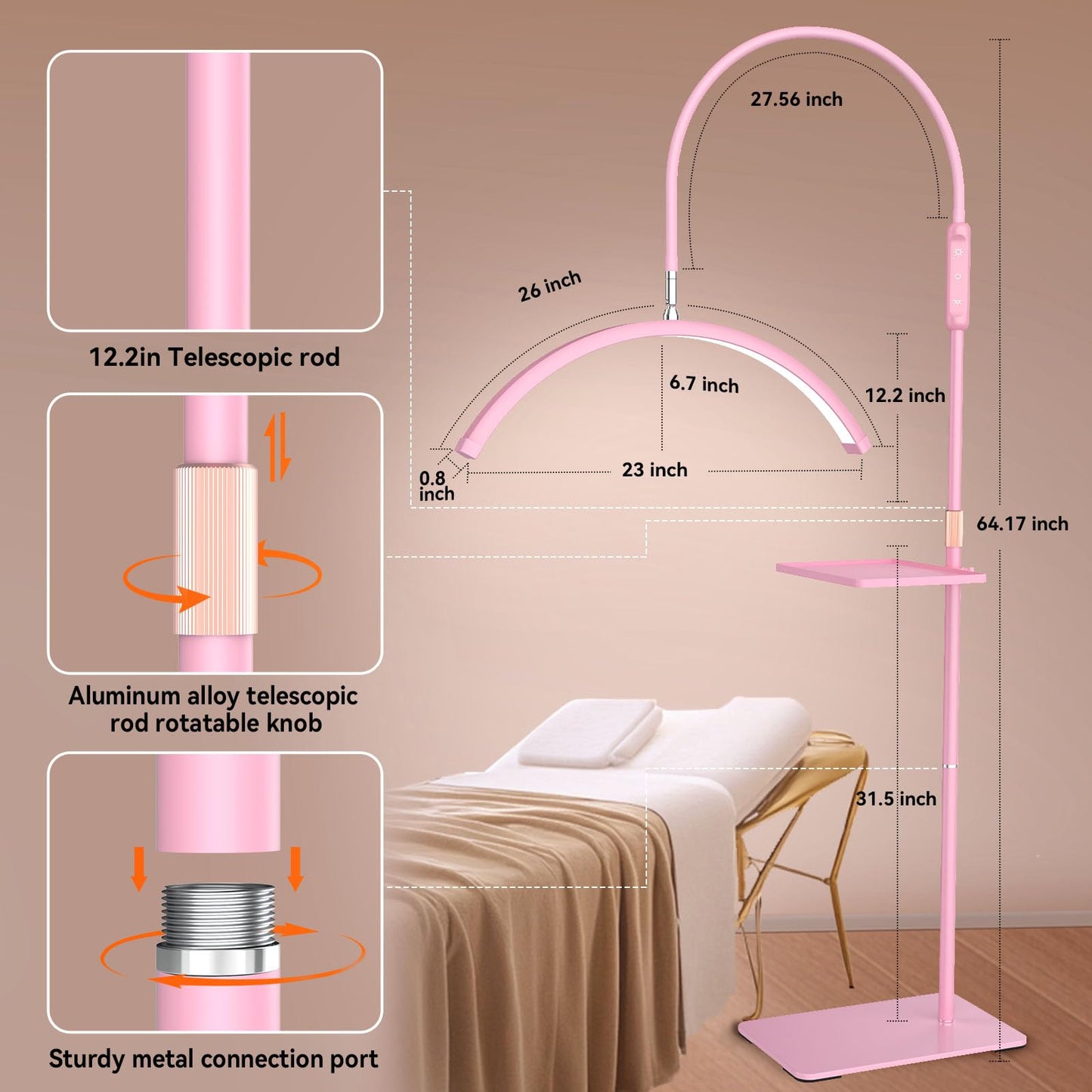 Fitlume Lash Light for Eyelash Tech, Led Floor Lamp Half Moon Light for Eyelash Extensions, Tattoo Artists, Nail Tech, Skincare, Esthetician Lights, Office, Bedroom,with Stand Tray, Pink