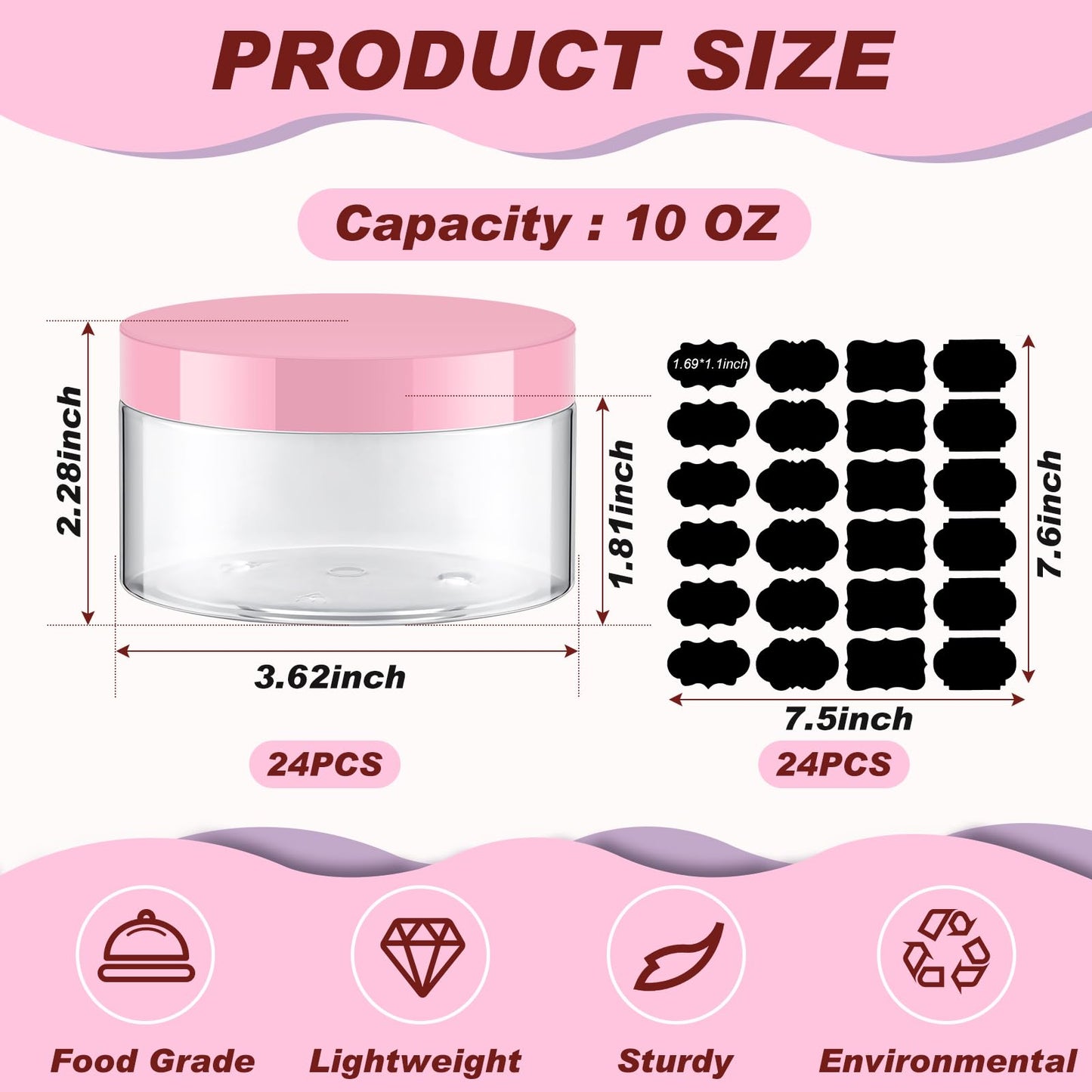 Dandat 24 Pcs 10 oz Plastic Jar Container with Pink Lid and Label Refillable Empty Round Clear PET Cosmetic Sample Slime Containers for Lotion, Cream, Ointments, Body Butter, Makeup, Travel Storage