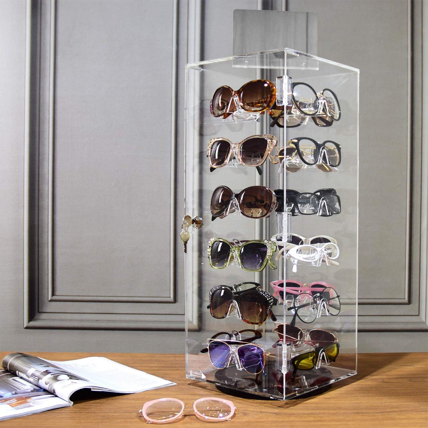 MOOCA Premium Acrylic Lockable Rotating Sunglass Display Case, Acrylic Sunglasses Organizer, Eyewear Display Stand, Eyeglass Case, Eyeglass Case With Mirror, 24 Frames