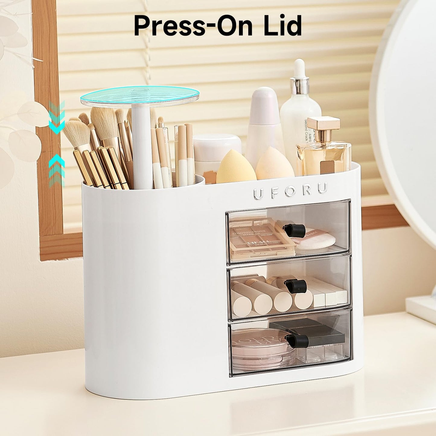 UFORU Makeup Organizer with Pop-Up Brush Holder for Dresser Vanity, Plastic Bathroom Counter Organizer with 3 Drawers & Dust-Proof Cover, Cosmetic Display Case for Lipstick, Skincare, White