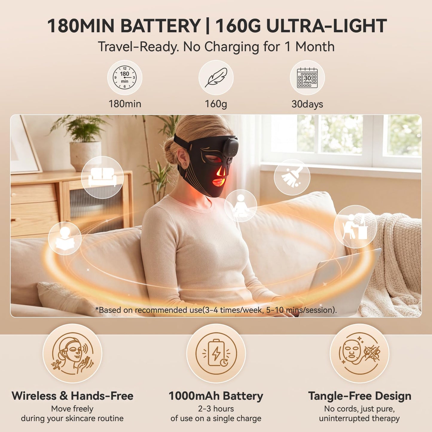 Gurtema Red Light Therapy Mask for Face – 8 Light Modes with 850nm NIR, Red & Blue LED Light Therapy etc., 1000mAh Rechargeable LED Face Mask for Radiant Glow at Home