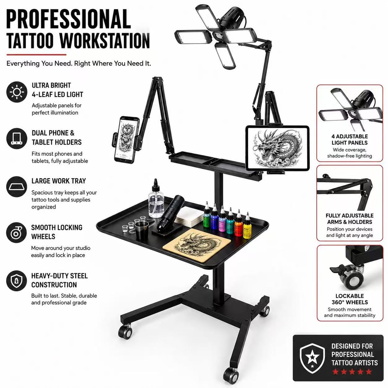 Tattoo Workstation Cart with Wheels, Rolling Tattoo Tray Station with Ultra Bright 4-Leaf LED Light, Dual Adjustable Phone & Tablet Holders, Mobile Tattoo Equipment Stand for Tattoo Artists & Studios