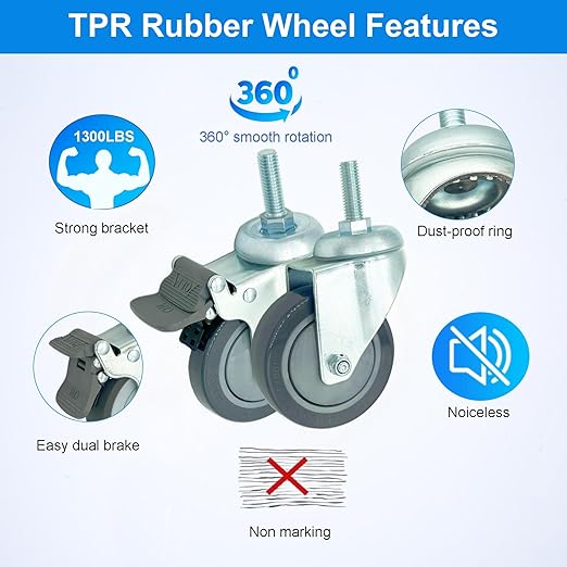 4 inch Swivel Caster Wheels Heavy Duty with Nylon Brake, 3/8"-16x1 Threaded Stem Casters Set of 4, Polyurethane Grey PU Wheels for Hospital, Lab, Furnitures,Restaurant