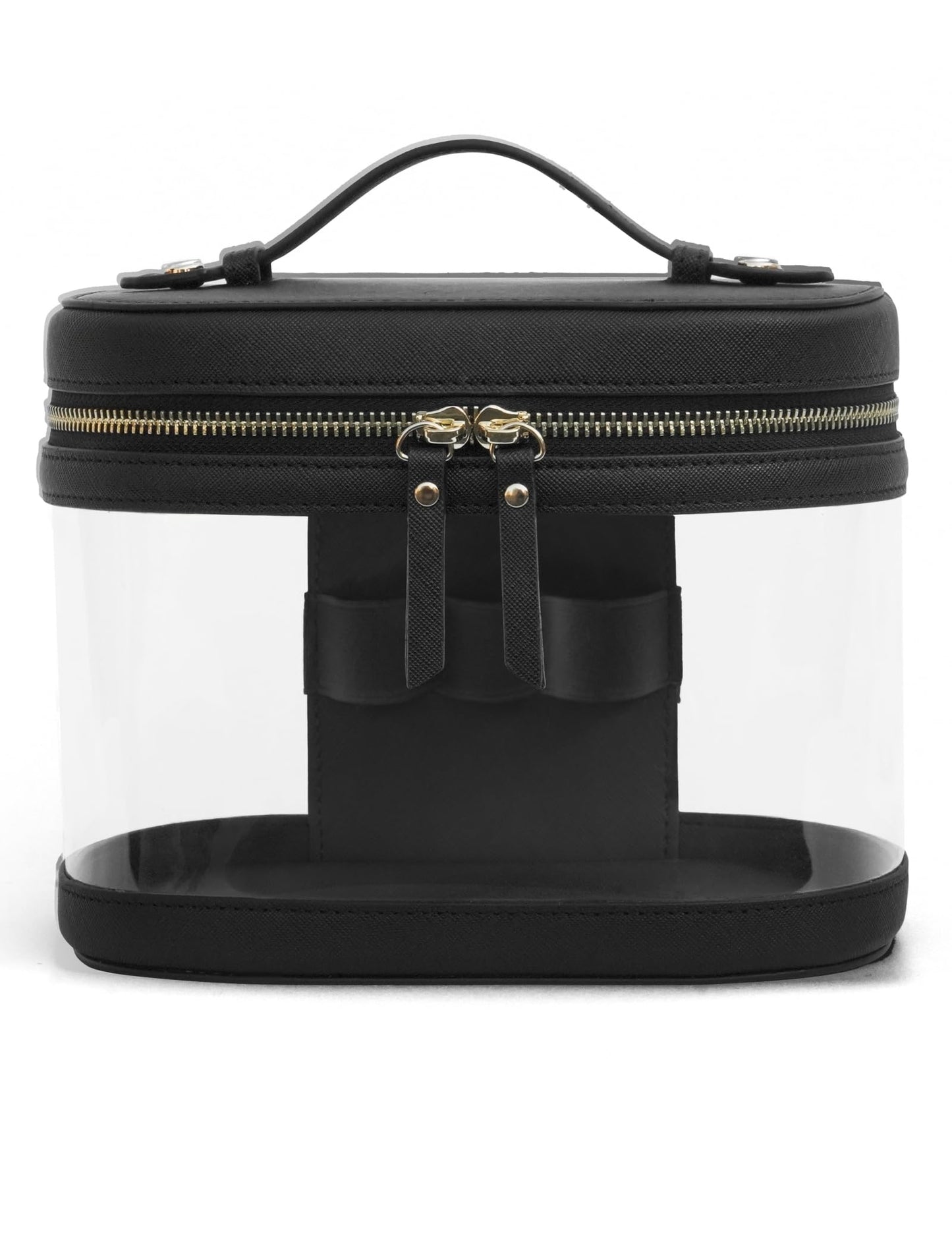 Popvibe Travel Makeup Bag Clear Compact Make Up Vanity Case with Brush Storage and Top Handle, Toiletry Makeup Case Traveling Leather Cosmetic Bag, Portable Medium Large Sized Train Case, Black