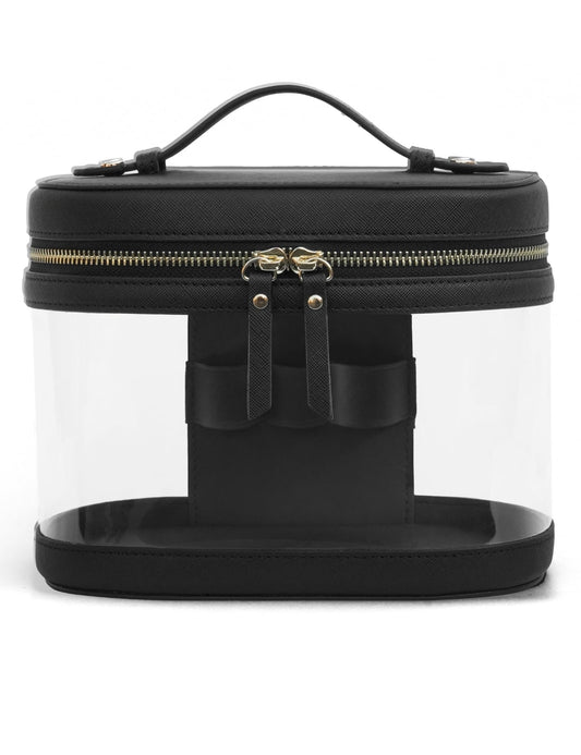 Popvibe Travel Makeup Bag Clear Compact Make Up Vanity Case with Brush Storage and Top Handle, Toiletry Makeup Case Traveling Leather Cosmetic Bag, Portable Medium Large Sized Train Case, Black