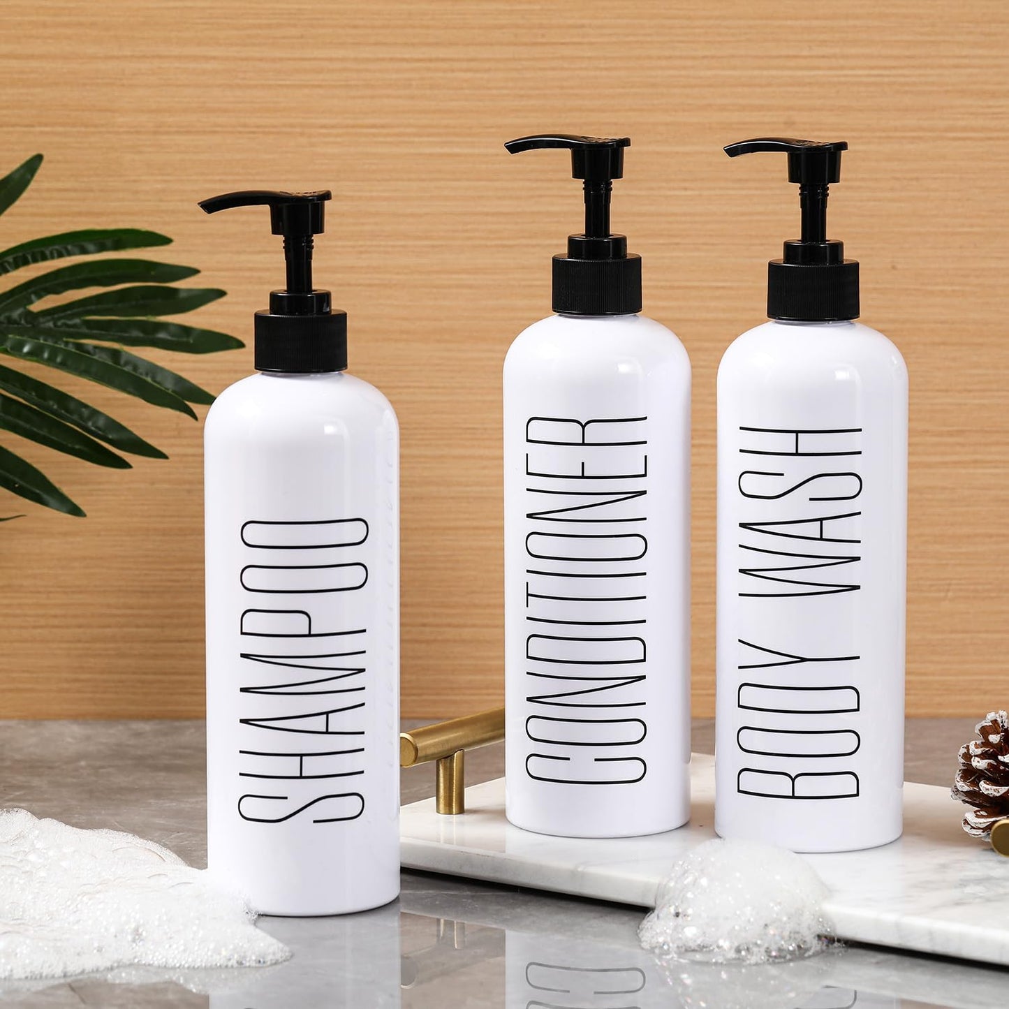 HOMCDALY Shampoo and Conditioner Dispenser, 16oz 3-Pack Refillable Pump Bottles, Shampoo Conditioner Body Wash Dispensers Bottles, Bathroom Shampoo Dispenser Set(White