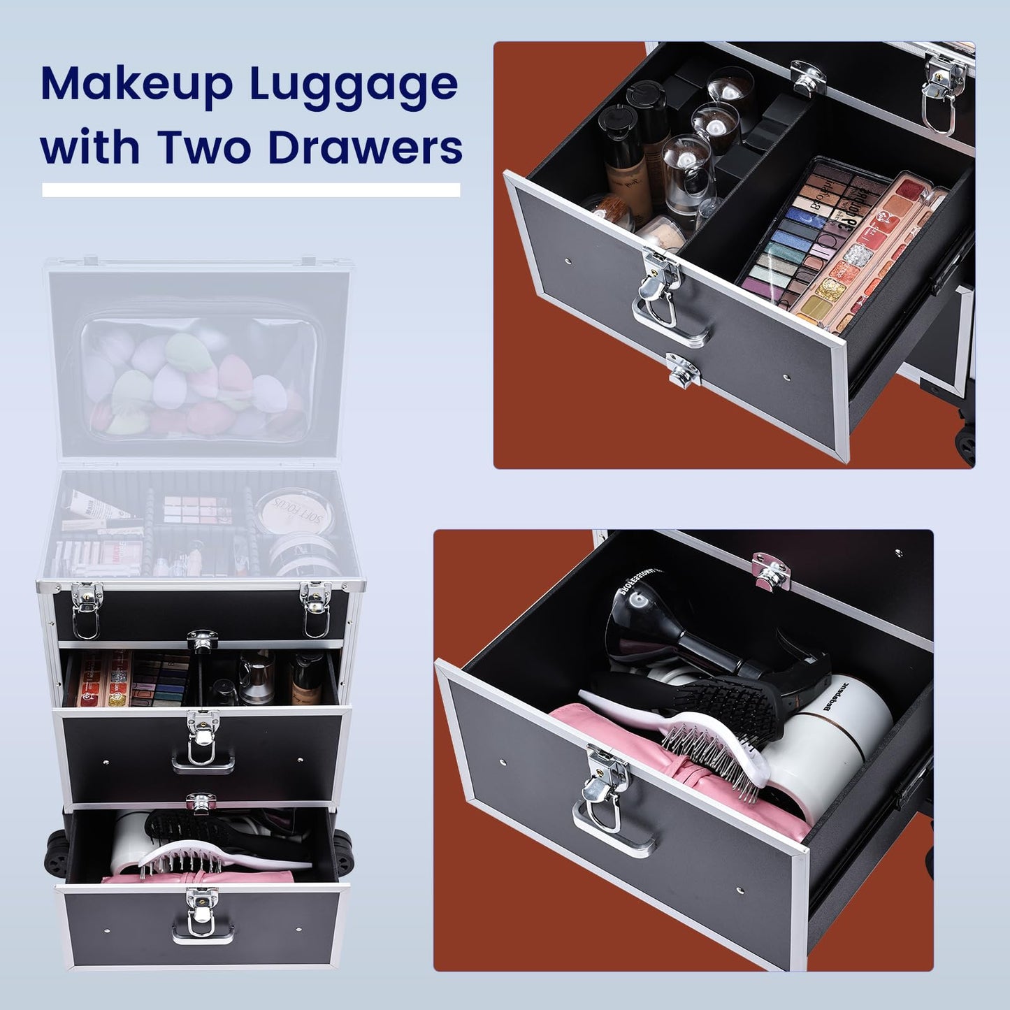 Adazzo Professional Rolling Makeup Train Case with Drawers, Large Cosmetic Trolley with Locks, Cosmetics Storage Organizer Make up Case for Travel Makeup/Nail Art/Hair Styling, Matte Black