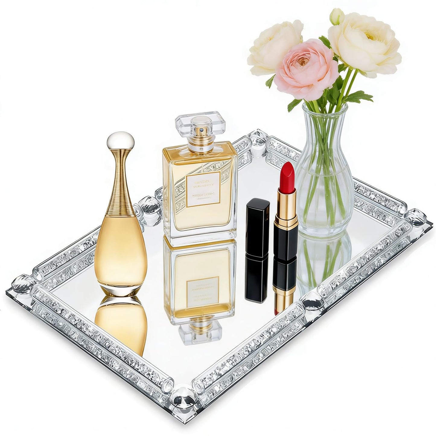 3-in-1 Perfume Crystal Mirror Tray, Luxurious Crushed Diamond Silver Decorative Tray, Non-Slip Desktop Storage Tray, Suitable for Storing Jewelry, Perfumes, and Cosmetics