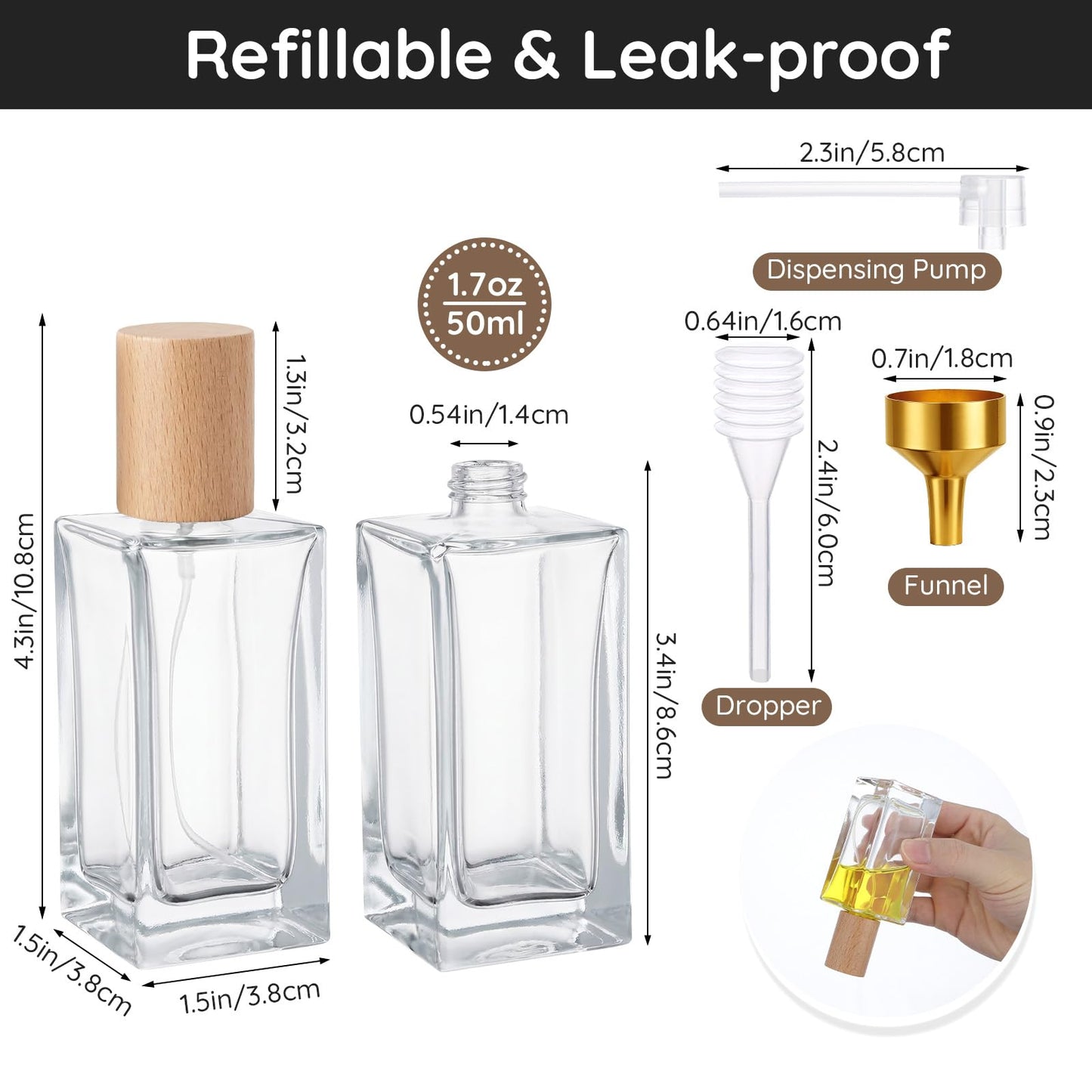 Segbeauty 1.7oz Clear Glass Perfume Spray Bottles for Travel, 2pcs Light Wooden Cap Cologne Atomizer Set with Perfume Transfer Tool, 50ml Fine Mist Sprayer for Cosmetic Liquids, Empty Cologne Bottles