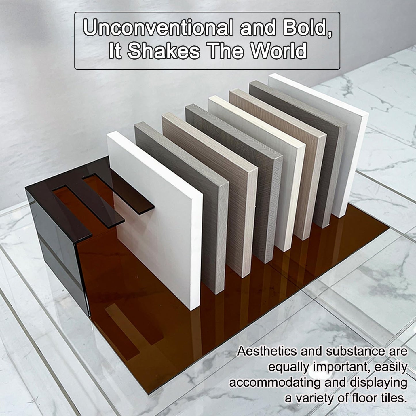 Brown Tile Sample Organizer Stand, Porcelain Display Rack for Craft Exhibitions, Durable Building Material Showcase Shelf, Ideal for Trade Shows and Home Decor