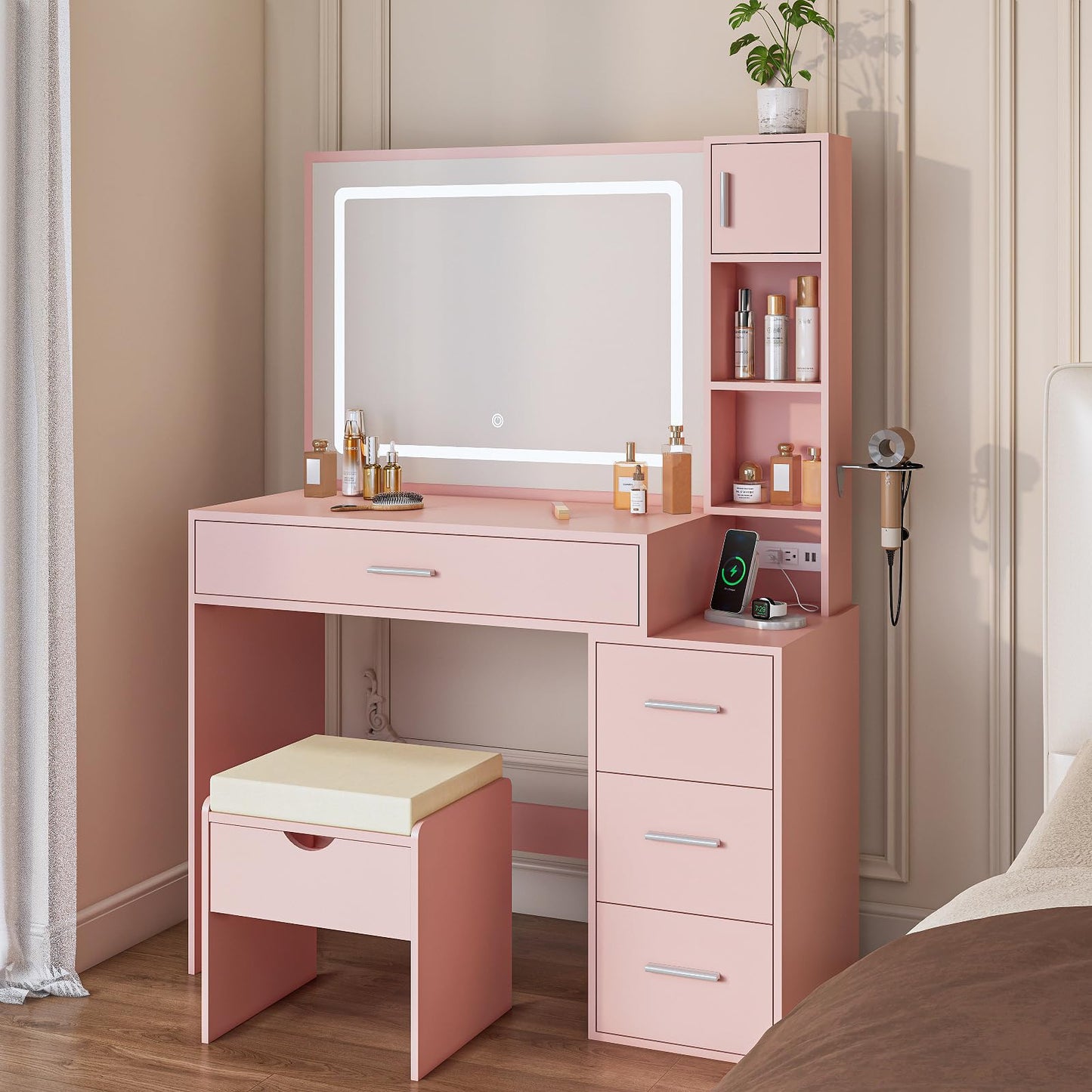 Vanity Desk with LED Lighted Mirror, Sliding Side Cabinet with Expandable Storage, Makeup Table with Drawers & Shelves, Built-in Power Outlet, Vanity Set with Storage Stool for Bedroom (Pink)