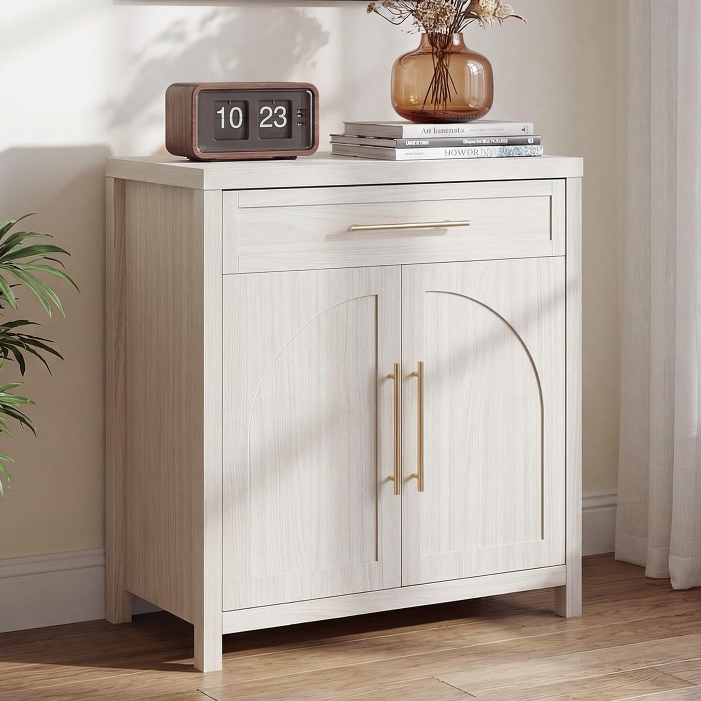 Madaha Mid-Century Modern Sideboard, 2-Door Accent Storage Cabinet with Arched Natural Wood Texture, Small Buffet Cabinet for Entryway, Living Room & Dining Room, White