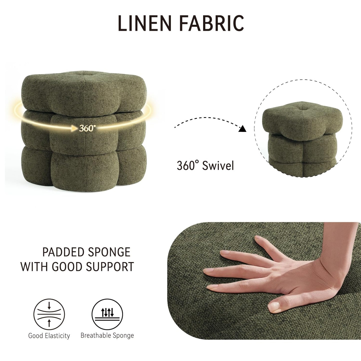 Get Set Style 360° Swivel Flower Ottoman, Linen Vanity Stool Footrest with 300LBS Capacity, No Assembly Small Space Accent Chair for Living Room Bedroom Entryway(Olive Green)