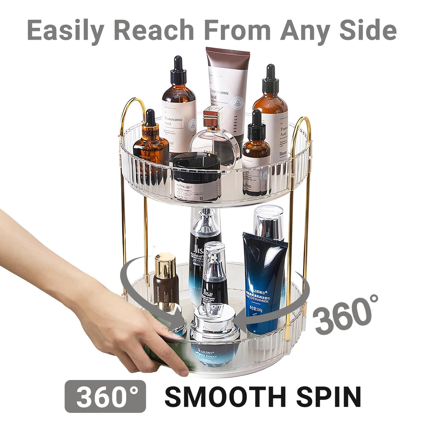 Asayuee 360 Rotating Makeup Organizer,2 Tier Large Capacity Make Up Organizers and Storage,Skincare Perfume Vanity Organizers,Bathroom Cosmetics Storage Organizer Countertop(Clear-2 Tier)