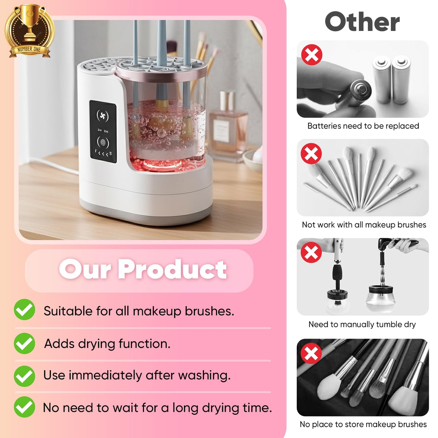 3-in-1 Makeup Brush Cleaner Machine & Dryer,Electric Automatic Brush Washer with Holder,USB-C Touch Control,One-Button Cleaning,Portable Cosmetic Brush Cleaner,Fits Most Sizes