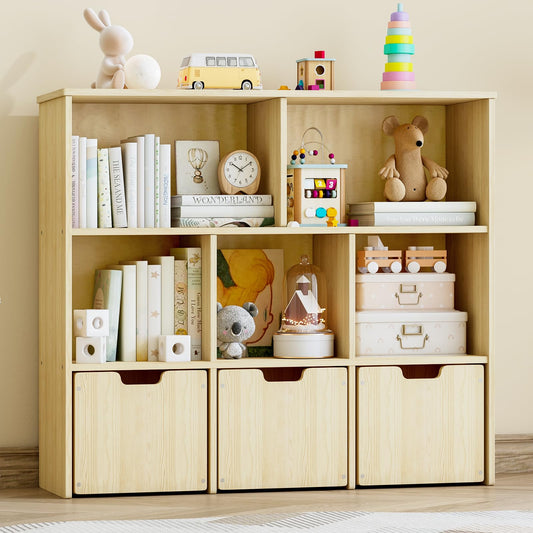 EXPERLAM Solid Pine Wood Toy Storage Organizer, Kids Bookshelf and Toy Organizer with 3 Rolling Drawers, 5 Storage Cubes, Montessori Playroom Storage Cabinet, Burlywood