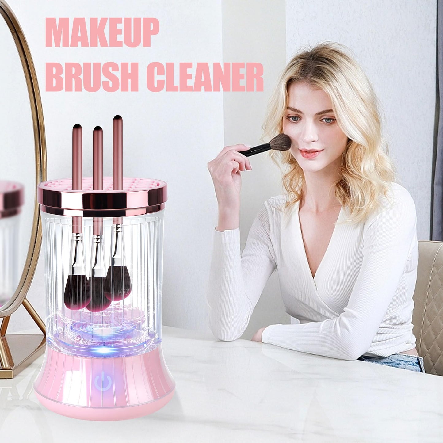 Electric Makeup Brush Cleaner Machine, USB Powered Automatic Spinning Makeup Brush Cleaner with 2 Cleaning Modes, Portable Brush Cleaner for Deep Cleaning Cosmetic Brushes, Pink