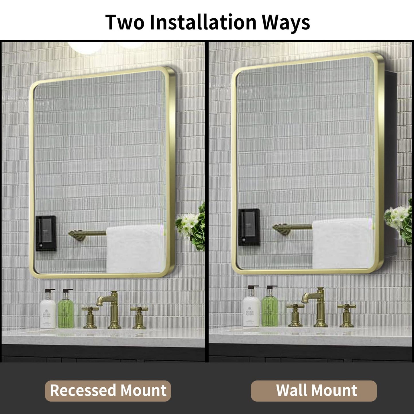 Movo Gold Metal Framed 24 Inch x 30 Inch Bathroom Medicine Cabinet with Mirror Aluminum Farmhouse Vanity Mirrors Recess or Surface Mount Installation
