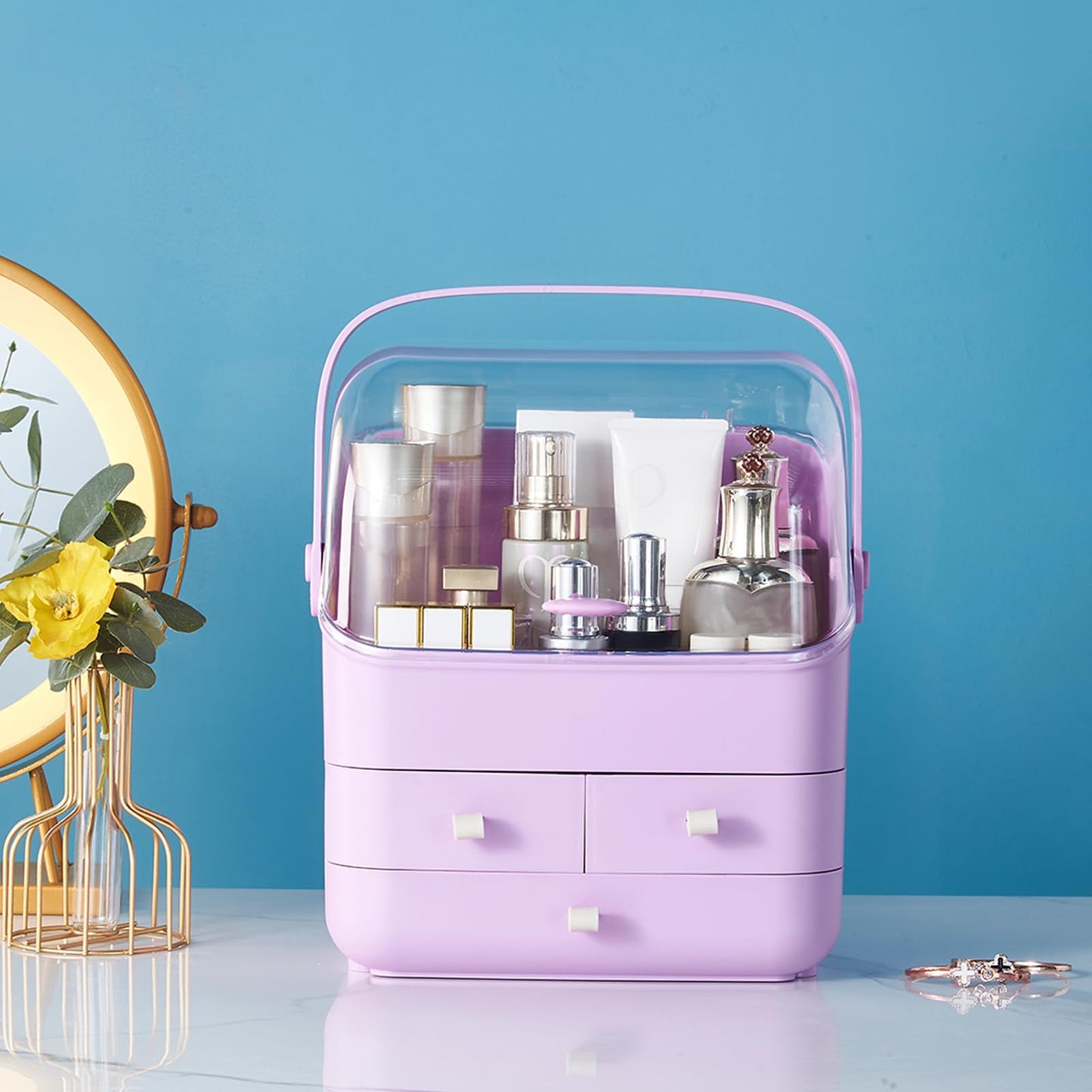 Large Makeup Organizer w Drawers Beauty Organizer Makeup Box Holder Vanity Organization Desk Countertop MakeUp Organizers Bathroom Counter Organizer Skincare Cosmetic Case Stand Dustproof Lid Gift