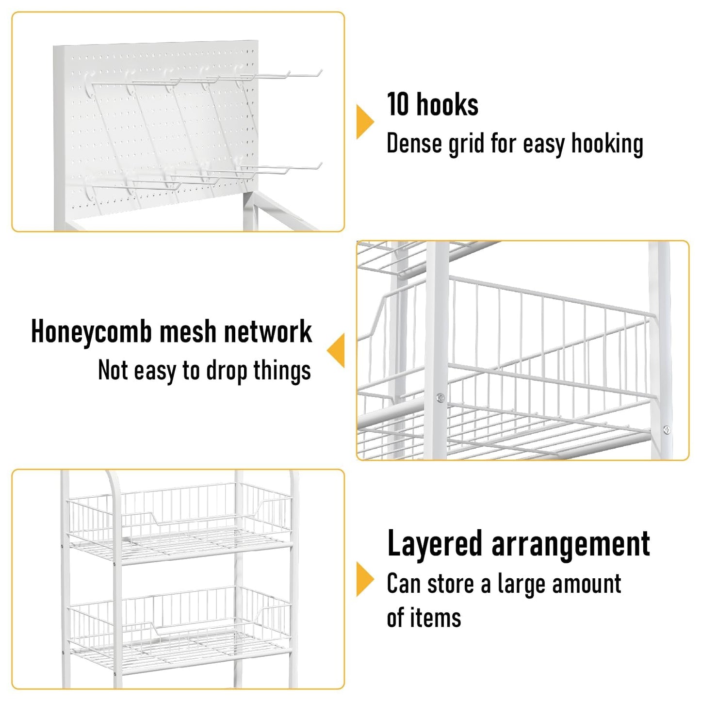 4-Tier Retail Snack Display Rack, Metal Candy Potato Chip Display Shelf with Wheels & Hooks, Free-Standing Snack Shelf Organizer for Store, Supermarket, Convenience Shop, Pantry & Kitchen, White
