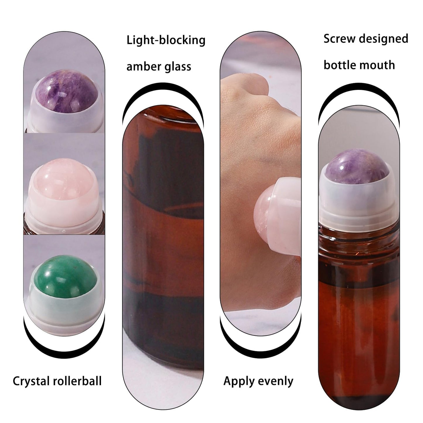 Roller Ball Applicator,Rose Quartz Roller Bottle,50ml Refillable Amber Glass Roll On Bottles with Natural Crystal Roller Balls,Leak-Proof Travel Perfume Bottle with Gold Caps (Green)